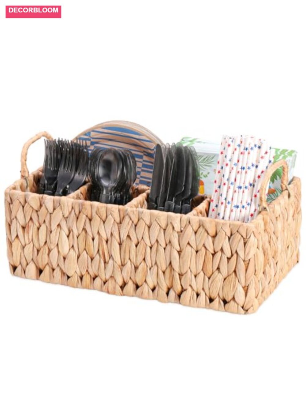 Water Hyacinth Silverware Caddy 5 Compartment Handwoven Utensil Holder with